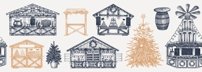 Christmas market stall sketches. Hand drawn vector illustration. Seamless border. European holiday marketplace design, vintage background with Christmas tree, wooden kiosk, candy shop, mulled wine. 